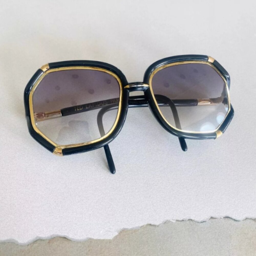 TED LAPIDUS Vintage Sunglasses 70s Black Gold Big Frame French Sunglasses